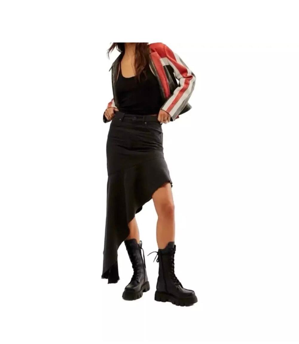Mother denim SNACKS! The Crinkle Cut Faded Black Denim Jean Skirt Asymmetrical